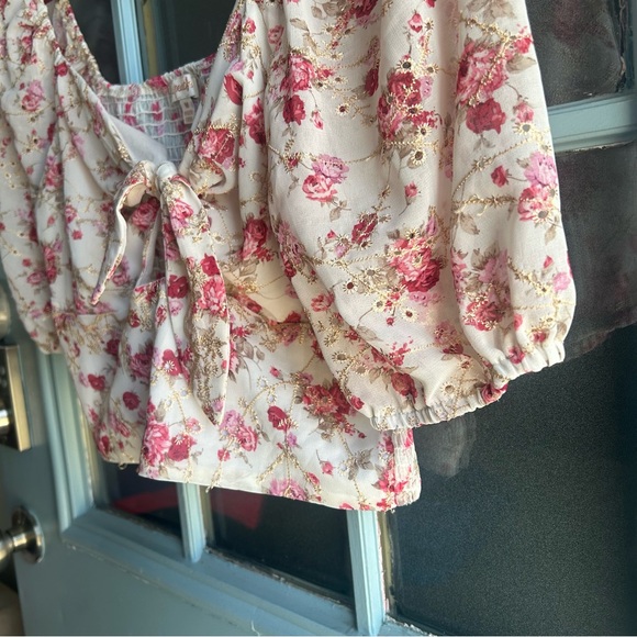 Buckle BKE Floral Front Tie Chiffon Puffy Sleeve Crop Top A. PEACH White Pink M - Picture 7 of 11